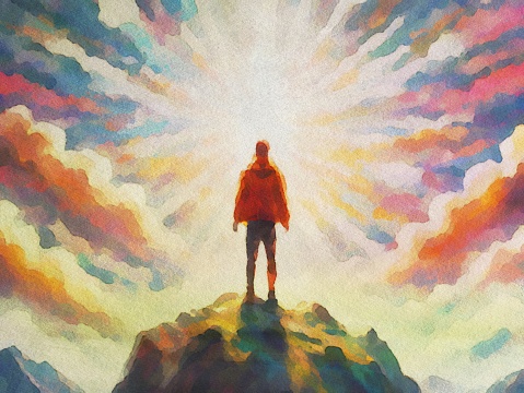 Digital watercolor art of concept of mental health - A person stand on mountaintop, symbolize the journey of mental health with hope and inner strength.