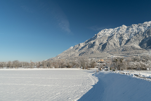 Vaduz, Liechtenstein, December 3, 2023 Heavenly winter mood in the rhine valley on a sunny day with a clear blue sky