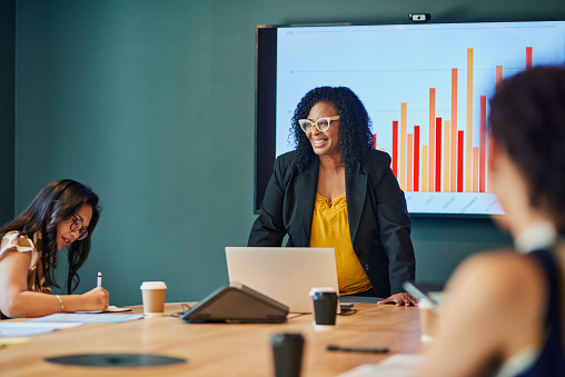 A multiethnic group of business professionals are sitting around a conference table having a meeting. The African American businesswoman is standing at the head of the conference table smiling at her colleagues.