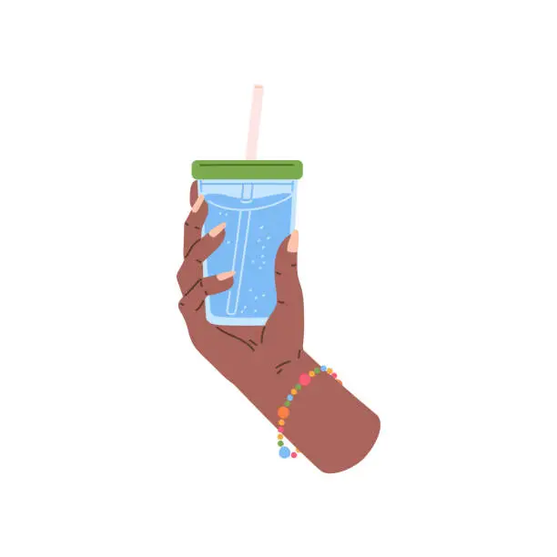 Vector illustration of Hand holding a water glass, vector illustration isolated on white.