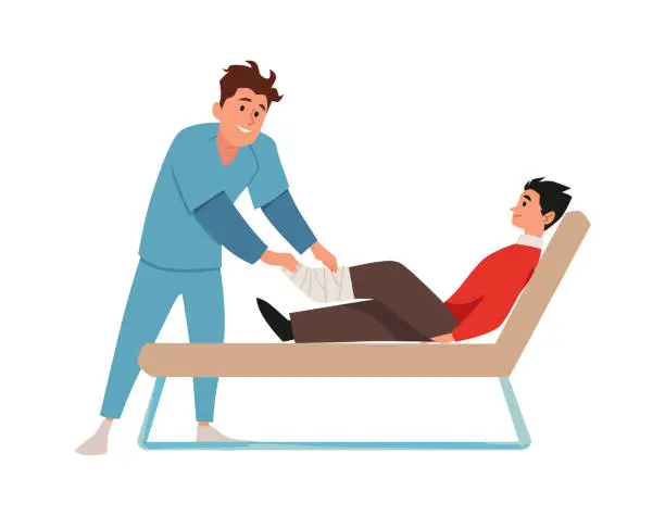 Vector illustration of Man with broken leg on consultation with traumatology or orthopedic doctor, vector care of victim with plaster cast