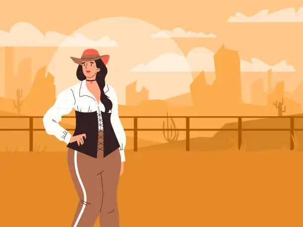 Vector illustration of Beautiful cowgirl in desert landscape, American western rodeo swag cowgirl dressed in retro west style, canyon and sands