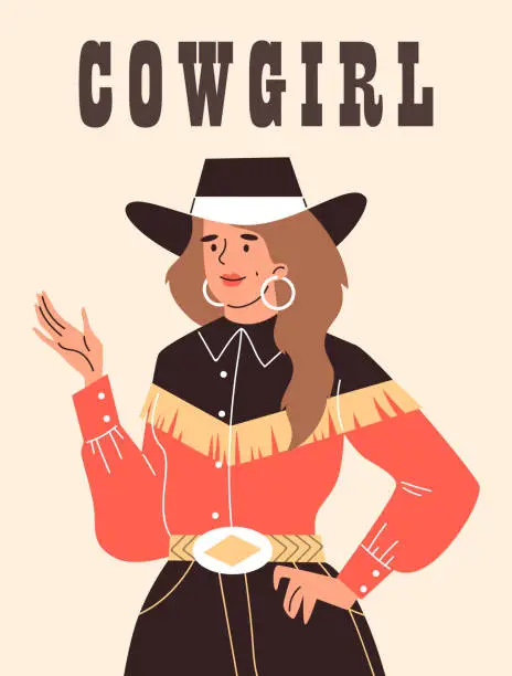 Vector illustration of Beautiful cowgirl vector poster, vintage swag cowgirl, woman dressed in retro wild west style hat, western girl portrait