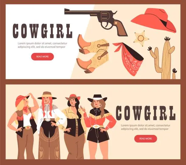 Vector illustration of Beautiful cowgirl and vintage accessories vector flyers template set, swag cowgirls dressed in retro wild west clothes