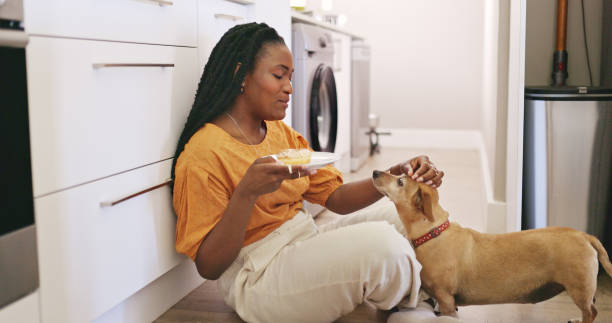 istock A woman is sitting on the kitchen floor with her dog. 1887470846