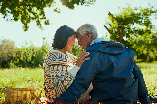 Elderly couple sitting on a blanket in a lush green field, smiling and embracing each other affectionately, surrounded by trees and enjoying a picnic.
