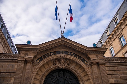 Paris, France - November 19, 2022: Entrance of the Banque de France in Paris