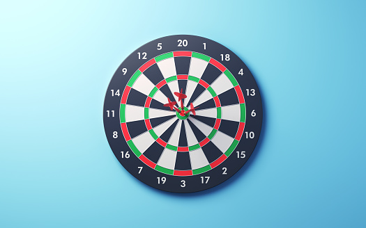 3d Render Red and Green Dartboard and Arrow Hit 12 Targets on Blue Soft Background, Concept to achieve success and target (Depth Of Field)