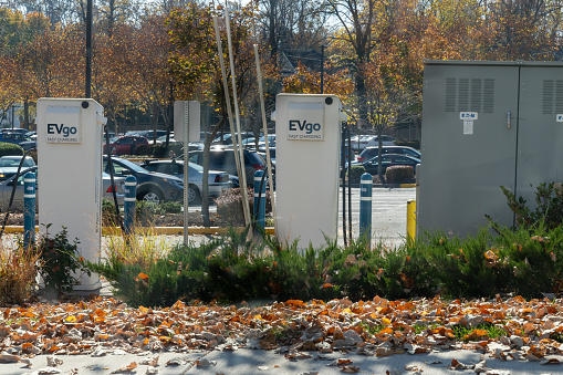 Fairfax, Virginia - October 30, 2023: EVgo Fast Charging stations for electric vehicles in a parking lot