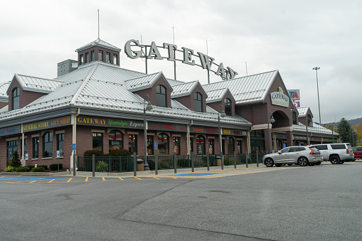 Breezewood, Pennsylvania - October 20, 2023: Gateway Travel Plaza food court and gas station