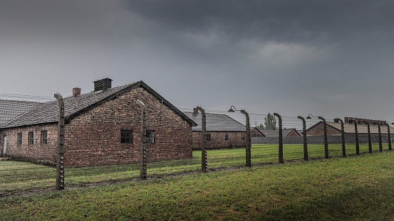 Brzezinka, Poland - July 17, 2023: Old barracks at Memorial and museum Auschwitz-Birkena. Former Germani Nazi Concentration and Extermination Camp in Poland