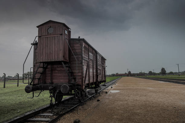 Brzezinka, Poland - July 17, 2023: Train wagon for prisoners at Memorial and museum Auschwitz-Birkena. Former Germani Nazi Concentration and Extermination Camp in Poland
