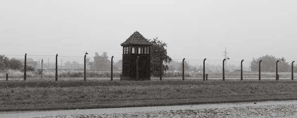 Brzezinka, Poland - July 17, 2023: Watchtowers Memorial and museum Auschwitz-Birkena. Former Germani Nazi Concentration and Extermination Camp in Poland