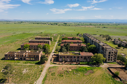 Abandoned ghost town Pobeda in Georgia, former Soviet military city, aerial view.