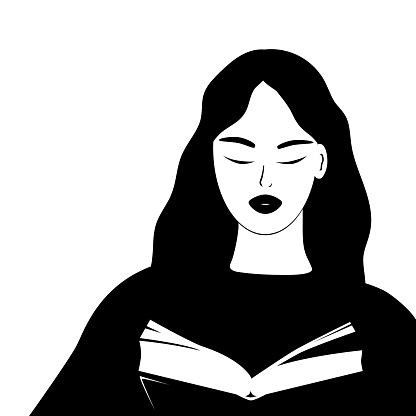 The girl is reading a book. Vector black and white illustration.