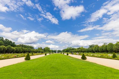 Overview of elegant French style royal gardens of Charlottenburg palace in Berlin, Germany