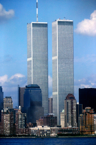 Aerial view of National September 11 Memorial & Museum surrounded by city, Lower Manhattan, New York City, New York State, USA.