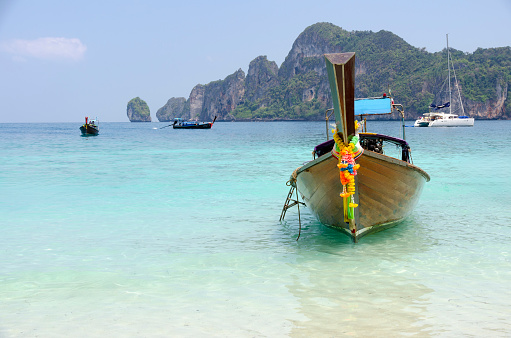 A vibrant image of the Phi Phi Islands, Thailand, where the bustling tourism is matched by the stunning natural scenery. Traditional long-tail boats and sleek power boats navigate the azure waters, framed by towering limestone cliffs and lush greenery. This landscape is a paradise for visitors, offering a striking combination of human activity and breathtaking tropical beauty.