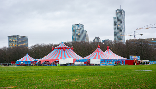The Hague, Netherlands - December 2023:  Circus tent on the Malieveld in the center of the city of The Hague.