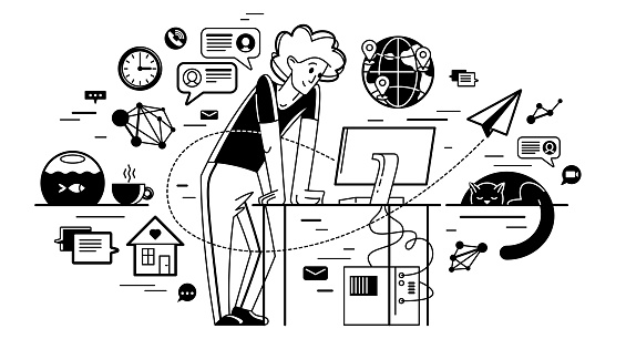 Freelancer working from home vector outline illustration, self-employed person busy with online work, professional doing some creative job on internet.