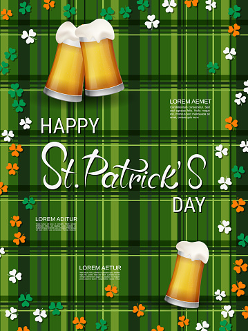 St.Patrick's Day vector flyer template. Green plaid background with colorful clover leaves