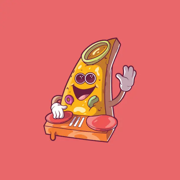 Vector illustration of DJ Pizza Slice character with food turntabbles vector illustration.