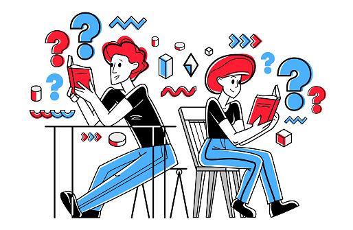 Young people reading books searching for information, learn science, self-education, fiction literature, inquire and analysis, vector outline illustration.