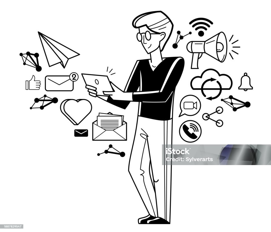 Online Work Concept Vector Outline Illustration Remote Virtual Working ...