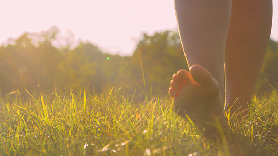 CLOSE UP, LOW ANGLE: Barefoot young woman walking on green grass in golden light. Carefree and relaxing moment in nature on a beautiful sunny morning. Female person pacing the meadow with bare feet.