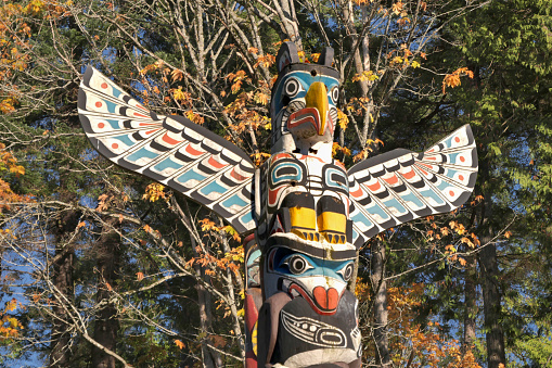 Kakaso'Las Totem Pole at Stanley Park during a fall season in Vancouver, British Columbia, Canada.