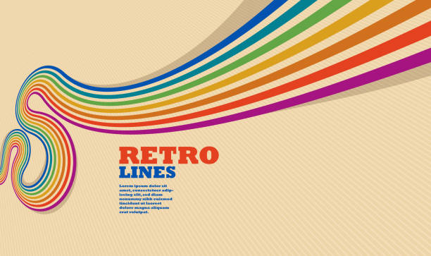 Linear vector abstract background in all colors of rainbow, retro style lines in 3D dimensional perspective, vintage poster art.