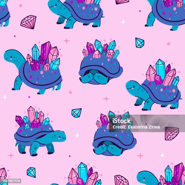 Cute Tarleton Graphics Seamless Pattern With Cute Crystal Turtles Vector Graphics Stock ...