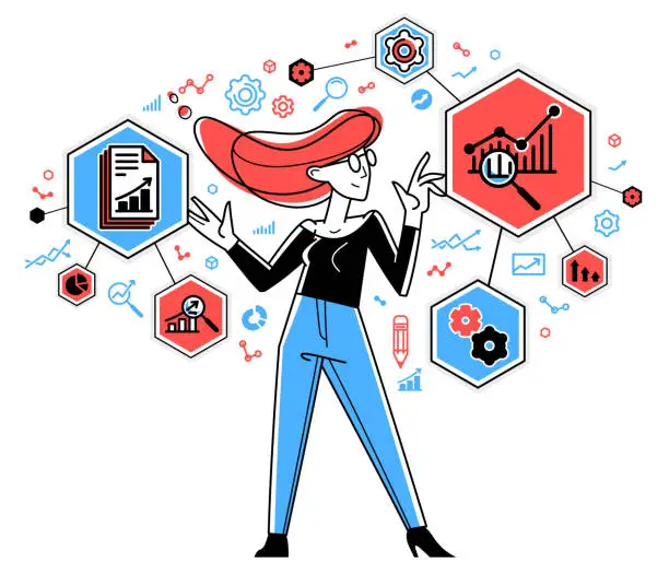Vector illustration of Worker analyzes some data and systematizing information, vector outline illustration, abstract big data analysis, automation