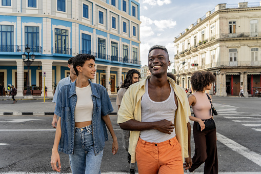 Friends walking through the city