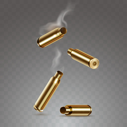 Smoking golden-colored spent cartridges fall down. Falling bullet cases in realistic 3d style. Isolated on transparent background. Vector illustration.