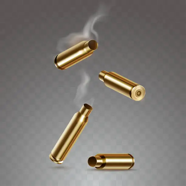 Vector illustration of Smoking golden-colored spent cartridges fall down. Falling bullet cases in realistic 3d style. Isolated on transparent background. Vector illustration.