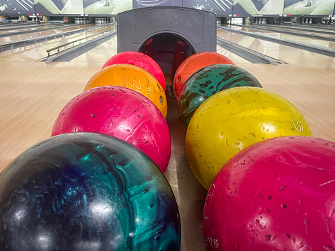 Bowling alley and colorful bowling balls