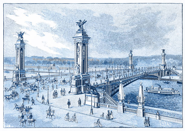 The Pont Alexandre III in Paris 1897 illustration The Pont Alexandre III is a deck arch bridge that spans the Seine in Paris. It connects the Champs-Élysées quarter with those of the Invalides and Eiffel Tower. The bridge is widely regarded as the most ornate, extravagant bridge in the city.
Original edition from my own archives
Source : 1897-98 NATURA ED ARTE pont alexandre iii stock illustrations