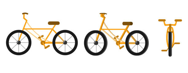 istock Vector illustration of a bicycle from different angles cartoon style. Yellow bicycle with brown seat and black wheels isolated on white background. Bicycle technology. 1887953553