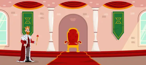 Vector illustration of Vector illustration of a royal room in cartoon style. The king goes to his throne through a magnificent castle. Royal possessions.