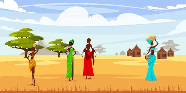 Vector illustration of Vector illustration of African peoples life in cartoon style. Houses, trees and dry grass in the middle of the desert. Savannah, hot climate.