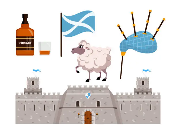 Vector illustration of Vector illustration of a set of national items of Scotland cartoon style. Castle, sheep, volinka, whiskey and ensign isolated on white background. Scotland and its traditions.