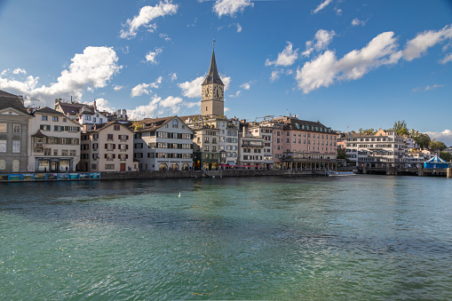 Large view of Annecy lake and mountains on winter time, France