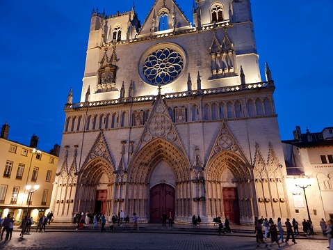 Lyon Cathedral is a Roman Catholic church located on Place Saint-Jean in central Lyon. Begun in 1180 on the ruins of a 6th-century church, it was completed in 1476. The image shows the beautiful gothic church at dusk.