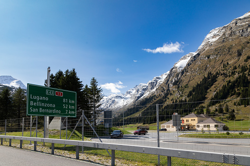 View of the snowcap Swiss Alps from the road, Hinterrhein, Grisons, Switzerland