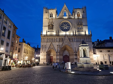 Lyon Cathedral is a Roman Catholic church located on Place Saint-Jean in central Lyon. Begun in 1180 on the ruins of a 6th-century church, it was completed in 1476. The image shows the beautiful gothic church at dusk.
