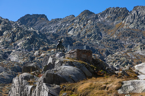 Equestrian statue of Alexander Vasilyevich Suvorov on the Gotthard Pass; Ticino, Switzerland. The monument is a work by Dmitry N. Tugarinov in 1999.