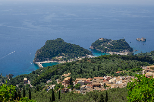 Aerial view of Paleokastritsa with bay and Beaches in Corfu Greece