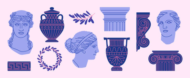 ilustrații de stoc cu poster cu detalii arhitecturale clasice, sculpturi și reliefuri. - grecia antică