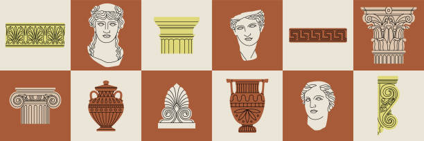 plakaty z klasycznymi detalami architektonicznymi, rzeźbami i płaskorzeźbami. - corinthian stock illustrations